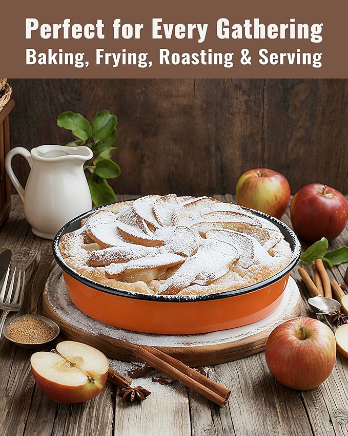 Round Enamel Roasting Pan Set Bakeware 4 Pack Cake Pizza Baking Dish 9/10/12/14 Inch Non-Stick Heat Resistance Chicken Roaster Oven Dishwasher Safe Valentine Mother's Day Gift Cookware