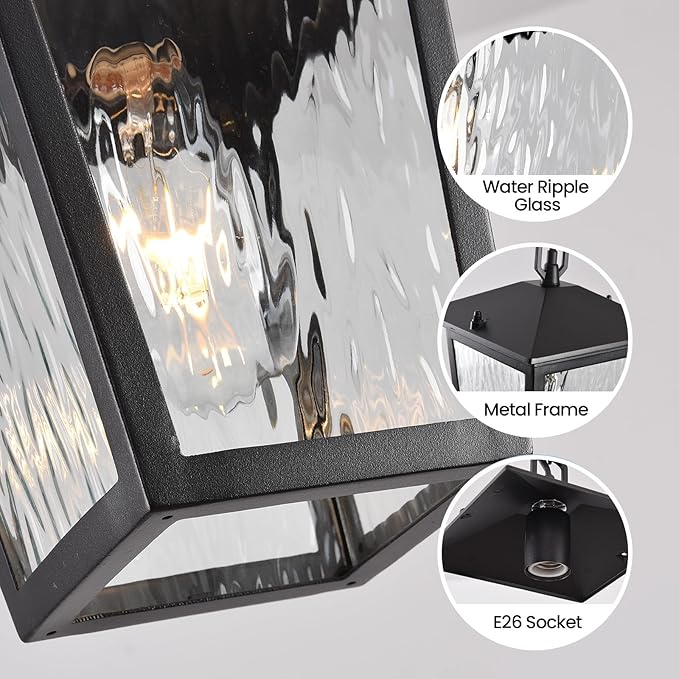 Outdoor Pendant Light Black Outdoor Porch Light fixtures with Anti-Rust Exterior Hanging Lantern Height Adjustable Outside Chandelier with Water Glass for House Patio Garage