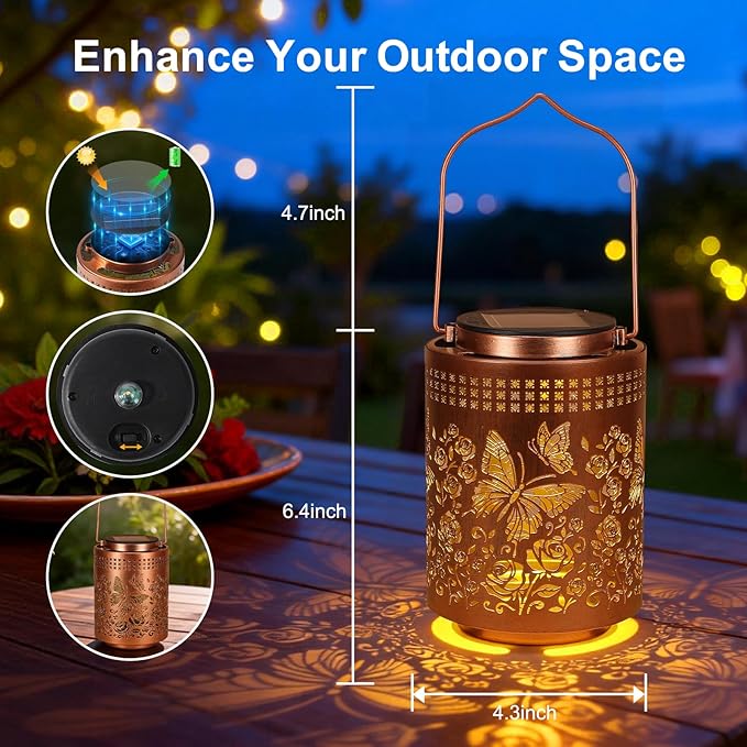 Solar Lanterns Outdoor Waterproof Box Packaging Butterfly Garden Decor Gifts for Women Mom Grandma Hanging Solar Lights Metal Garden Decoration Outside for Yard Patio Backyard Porch for Gift