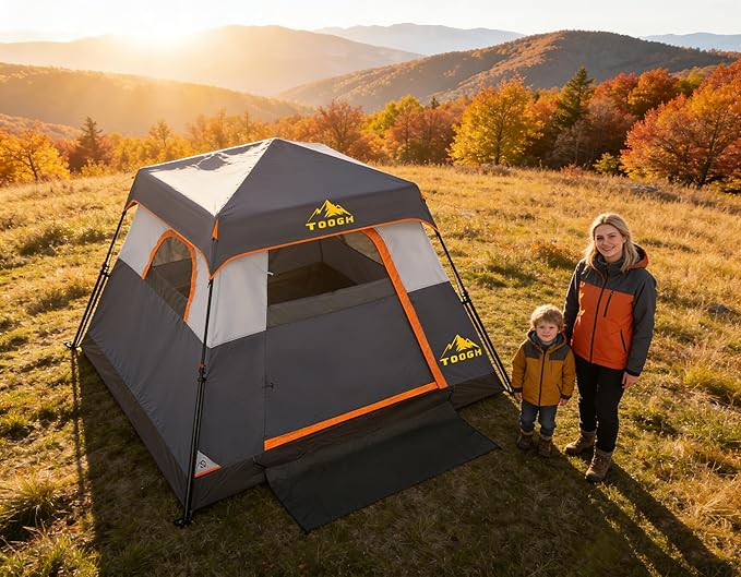 3/4 Person Camping Tent with 1 Door 4 Windows and Upgraded Ventilation– Instant Setup Waterproof 8'x 8'x 67''Oxford Fabric Floor Pop Up in 60 Seconds Includes Rainfly and Backpack