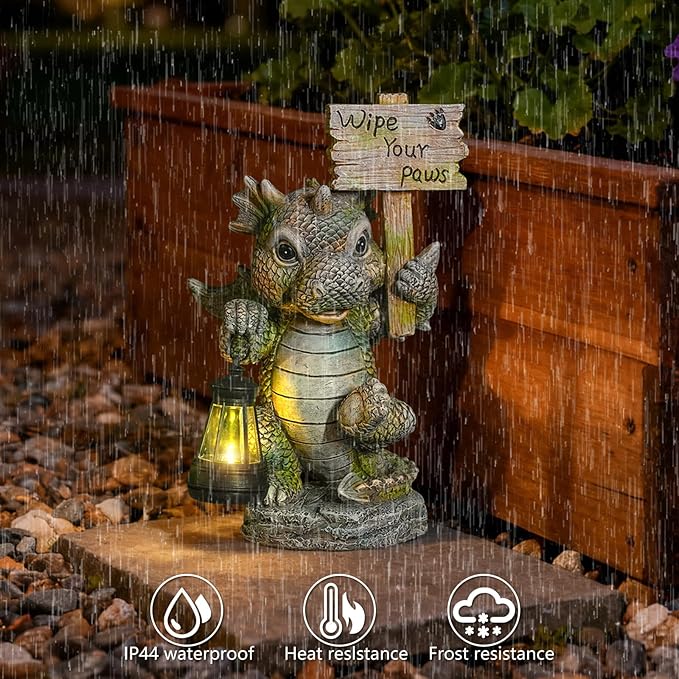 Solar Dragon Garden Statue with Lantern Resin Outdoor Yard Decor Figurine Waterproof Solar Powered Light for Patio Lawn Walkway &amp Front Porch (Dragon)