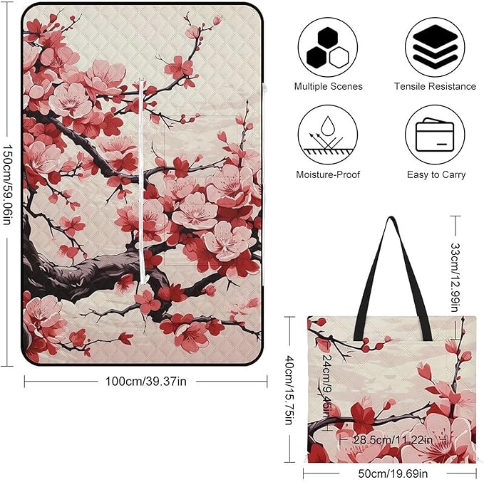 Zipper Japanese Floral Cherry Blossom Style Picnic Mat Suitable for Travel Camping Park Or Home Use