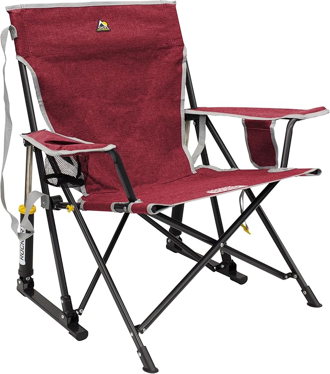 GCI Outdoor Kickback Rocker Camping Chair | Portable Folding Rocking Chair with Durable Armrests Drink Holder &amp Relaxed Lowered Seat for Comfort — Red