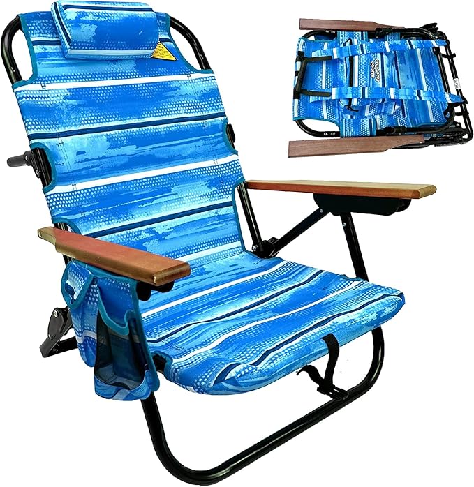 EasyGo Product Backpack Beach Chair 5 Positions and Cup Holder Pouch on Side Padded Pillow Storage Bag on Back Lightweight Rustproof Aluminum Black Frame - 1 Pack Beach Blue