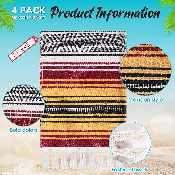 Oudain 4 Pack Mexican Blankets 45 x 70 Inch Cotton Woven Serape Throw Blanket Baja Yoga Blanket for Beach Picnic Camping Boho Couch Decor Travel Outdoor (Fall Color)