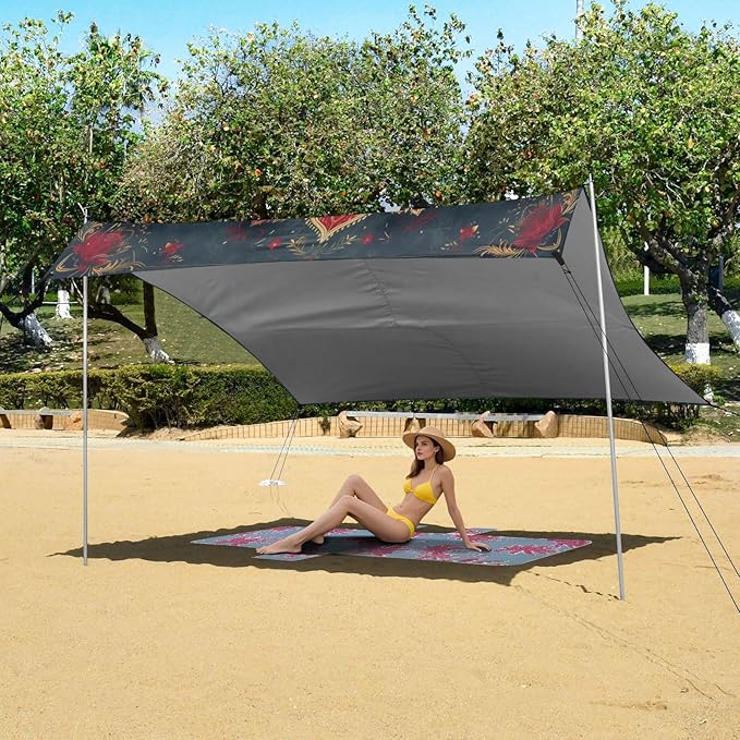 Mandala in Red Beach Tent Sun Shelter 9.2' x 10.5' Beach Canopy with 4 Sandbags 4 Stability Poles Sand Shovels - Tent Canopy for Beach Camping Fishing Picnics