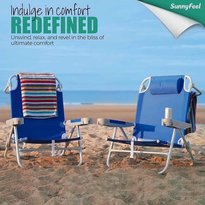 SUNNYFEEL Extra Wide 28 Low Beach Chair 2 Pack 5 Position Lay Flat XL Oversized Portable Folding Camping Chairs with Cup Holder for Outdoor/Trip Foldable Backpack Beach Chair for Adults