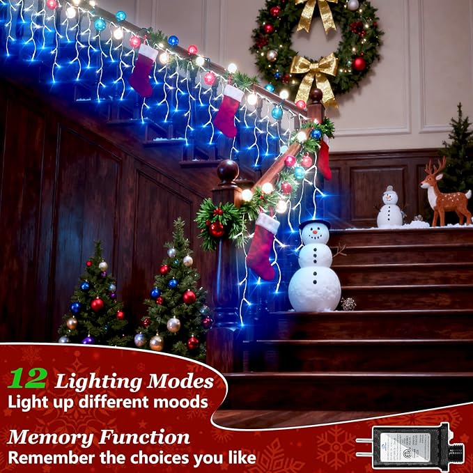 612 LED String lights Indoor Outdoor 60ft Christmas Window Lights with 136 Drops 12 Modes Dimmable Curtain Lights Fairy Lights for Bedroom Holiday Wedding Party Home Decorations Blue &amp White