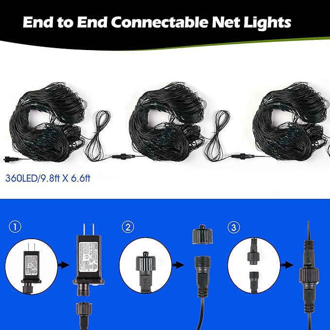 BlcTec Outdoor Christmas Lights 360 LED 9.8ft x 6.6ft Christmas Net Lights with 8 Modes UL Certified Timer Connectable Waterproof for Trees Bushes Shrubs Yard Outdoor Xmas Decorations Blue