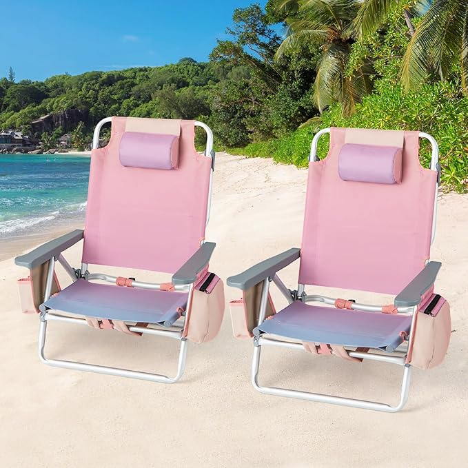 Goplus Beach Chair Folding Backpack Beach Chairs for Adults with 5 Positions Head Pillow Cooler Bag Towel Bar Cup Holders Sunbath Sling Tanning Lounge Foldable Layout Camping Chairs