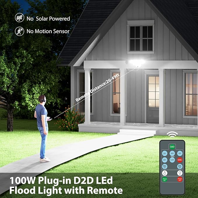 iMaihom 100W Dusk to Dawn Outdoor Lighting 10000LM Plug in Flood Lights with Remote Control 2 Modes IP65 Waterproof Led Exterior Security Light with Photocell 6500K Floodlight for Yard Garage White