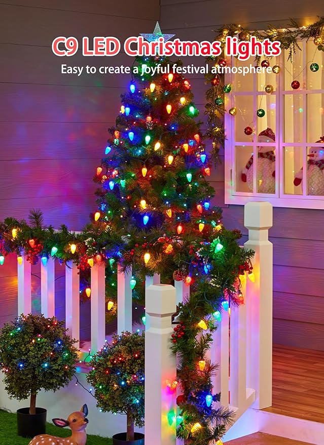 C9 Christmas Lights Outdoor 114 Feet 150 LED C9 String Lights with Timer &amp 8 Light Modes Waterproof Commercial Grade Connectable Christmas Tree Lights for Indoor Outside Roofline Patio Multicol