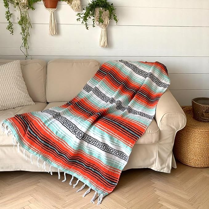 Authentic Handwoven Mexican Blanket Falsa Serape - Soft &amp Durable - Vibrant Beach Picnic Yoga &amp Camping Mat - Traditional Boho Throw - Outdoor Blanket 70x50 (Sunset)