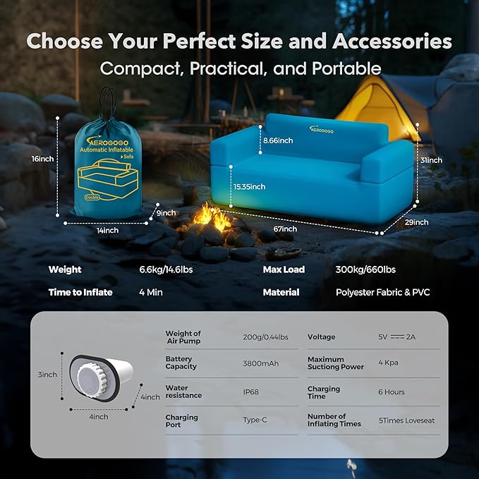Inflatable Couch for Camping with Built-in Pump Portable Blow Up Sofa Multifunctional Inflatable Furniture has High-Pressure Resistant Fabric Suitable for Backyard Beach Music Festival Party (Blue)