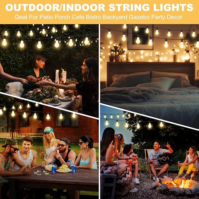 75FT Outdoor String Lights Waterproof with 50+4 Bulbs (1.5FT Bulbs Spacing) Remote &amp Dimmer Commercial Patio String Lights with 3 Mode Light &amp Timing 100PC Mounting Ties for Outside