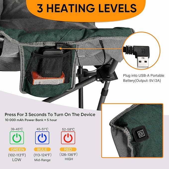 Colorsoul Heated Oversized Camping ChairsExtra-Large Padded Outdoor Chairs 3 Level Heating&amp450lbs SupportHeavy Duty Folding Heated Lawn Chair for PatioTailgatingBattery NOT IncludedGreen