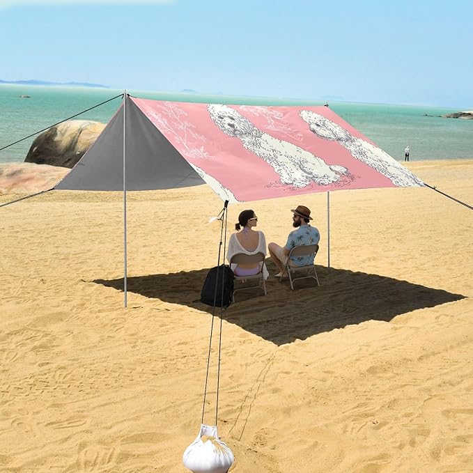 White Poodles Beach Tent Sun Shelter 9.2' x 10.5' Beach Canopy with 4 Sandbags 4 Stability Poles Sand Shovels - Tent Canopy for Beach Camping Fishing Picnics