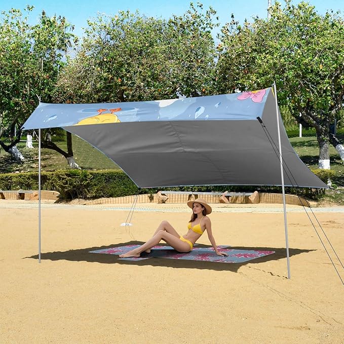 ALAZA Yellow Duck Rainy Beach Tent Sun Shelter UPF50+ Protection Beach Shade Canopy w/ 4 Sandbags for Outdoor Camping Fishing Backyard Fun Picnic 10x9 ft
