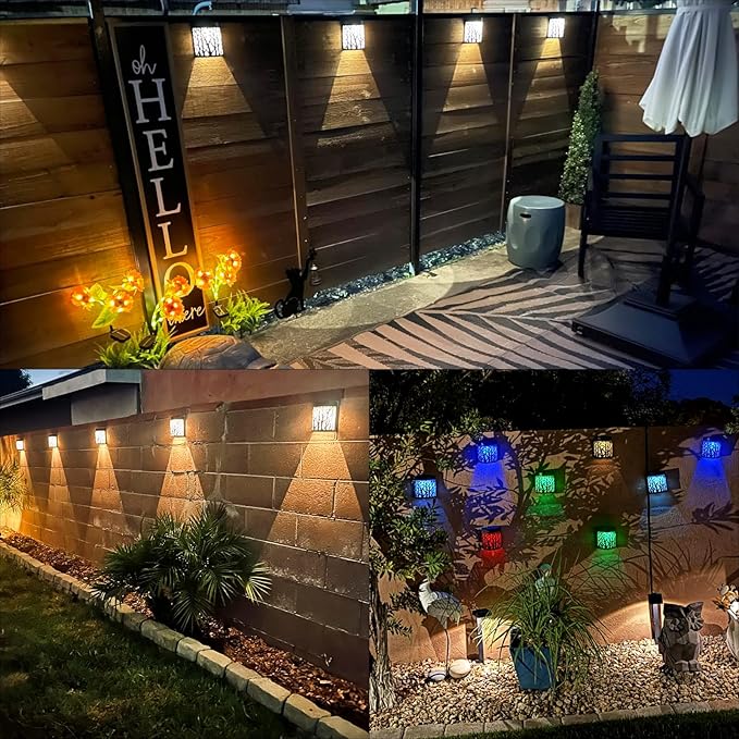 DenicMic Solar Wall Lights Outdoor Wall Sconce Fence Lighting for Patio Front Door Yard Deck Stair Led Forest Decorative Lamps Waterproof Warm White Color Changing (4 Pack)