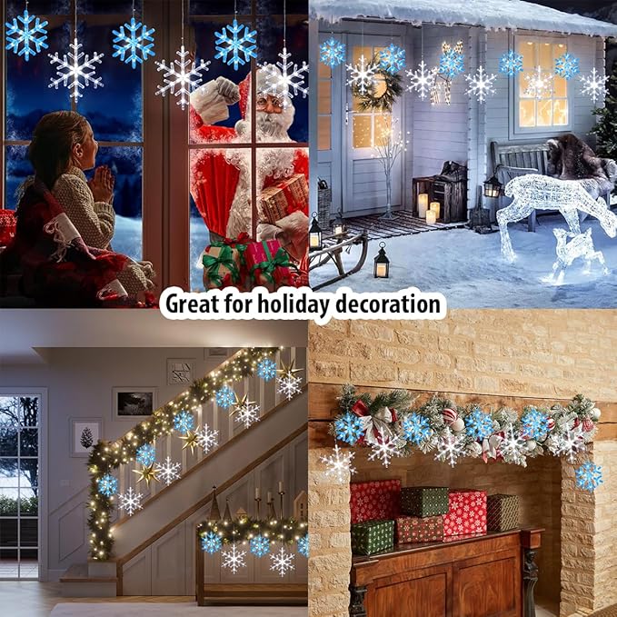 Christmas Snowflake Icicle Lights-9ft 150LED Twinkling Christmas Lights with Timer Waterproof Connectable Hanging 10 Drop for Eave Window Porch Xmas Indoor Outdoor Decoration (Blue and White)