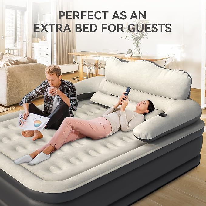 YITAHOME FullXL Size Air Mattress with Headboard 18in Inflatable with Pillow Blow Up Mattress with Removable Electric Pump Comfort Air Bed Queen for Camping &amp Home Black