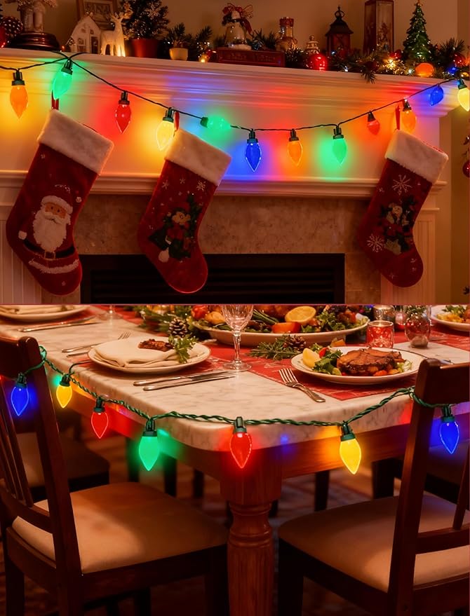 C9 Christmas String Lights Outdoor 26FT 50 LED Vintage Multicolor Fairy Lights Plug in UL Listed Waterproof Connectable Christmas Tree Lights for Home Roofline Garden Patio Decor Green Wire