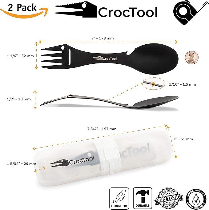 Spork Ultra Lightweight and Strong 5 in 1 Camping Utensil Set-Spoon+Fork+Knife+Peeler+Bottle Opener+Bag+Carry case. Ideal for Outdoors Home or Office