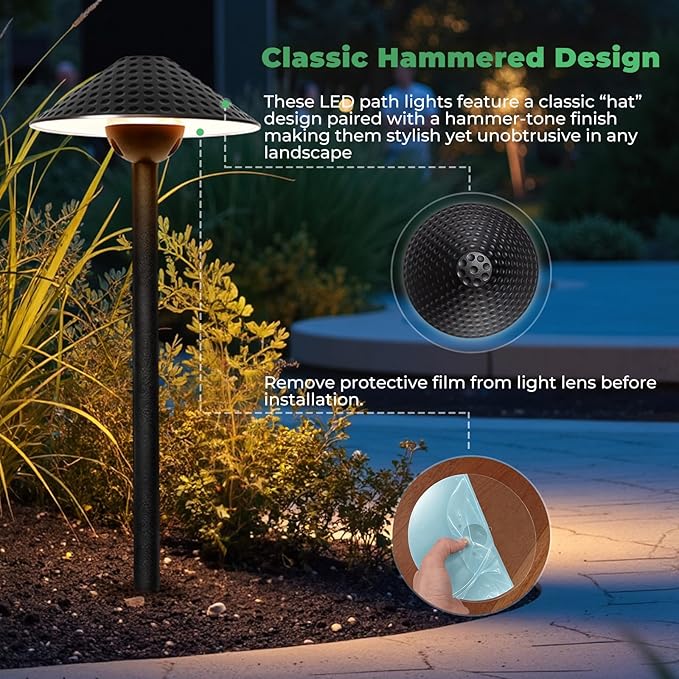 Gardencoin Low Voltage Pathway Lights (6.69'' Shade 21.54'' Tall) 12V Outdoor LED Landscape Pathway Lighting Aluminum Vintage Hammered Path Lights with 4W 2700K Replaceable Bulb 12 Pack