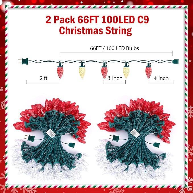 Brightown C9 LED Christmas String Lights 2 Pack Total 132ft 200LED Outdoor Lights String Plug-in Connectable Waterproof Roofline Lights String for Outside Yard Christmas Holiday Decor