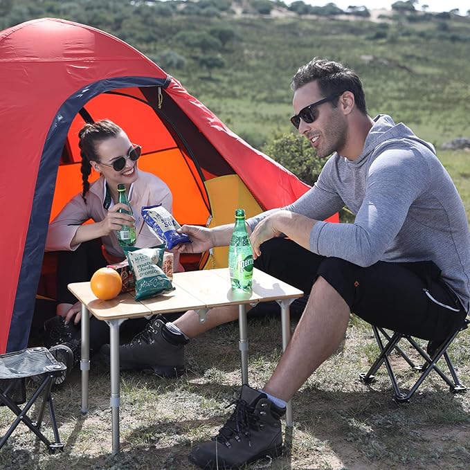 KingCamp Bamboo Folding Table Camping Table with Adjustable Height 4-Folds Compact Small Lightweight Portable Picnic Camp Table for Outdoor Backpacking Beach RV Travel Tailgating Barbecue 1-2 People