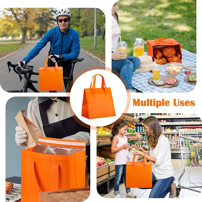 300 Pack Insulated Bags Bulk for Food Delivery 9.5 x 9.5 x 6 Thermal Take Away Bag for Hot Cold Food Coffee Milk Pizza Seafood Disposable Grocery Bag for Catering Restaurant(Orange)
