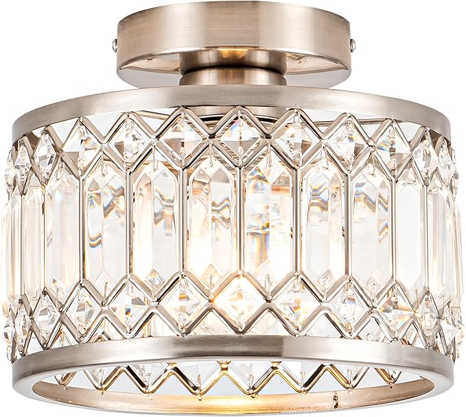 Crystal Ceiling Light Fixture Modern Semi Flush Mount Ceiling LightCrystal Chandelier for Kitchen Bedroom Bathroom Entryway Nickel Finish (Bulb not Included)