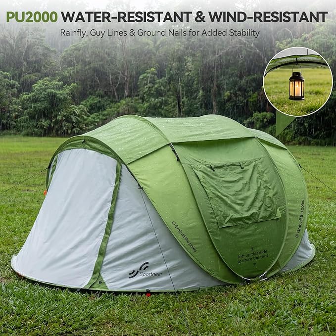 Sportneer Camping Tent: 2 Adults Pop Up Tent with Rain Fly and Carrying Bag - All-Weather Shelter for Camping Backyard Sleepover &amp Beach 2 Doors 3 Top Meshes Easy Set Up Size 110''x78''x51''