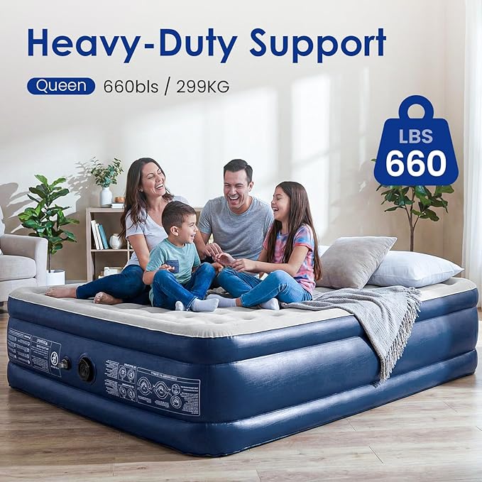 Lamberia Air Mattress with Built in 2 Purpose Pump 18 Raised 660lbs Max Comfort Inflatable Mattress Blow up Mattress Portable Air Bed for Camping Guests Home Colchon(Blue GreyQueen)