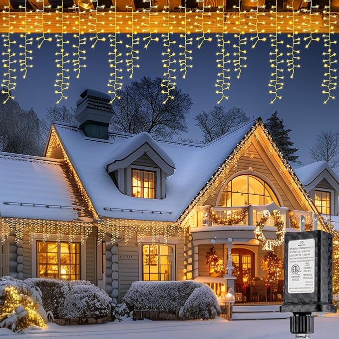 Brightown Cluster Icicle Lights Outdoor 40FT 1200 LED Icicle Christmas Light with 60 Drop12 Modes Cluster Lights with Timer Waterproof Firecracker Christmas Light Outdoor Warm White