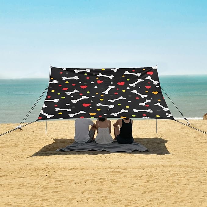 Bolaz Beach Canopy Tent Sun Shade9'×10.5' Large Family Beach Shade UPF50+- Outdoor Shade for Camping Trips FishingBones Hearts Pattern