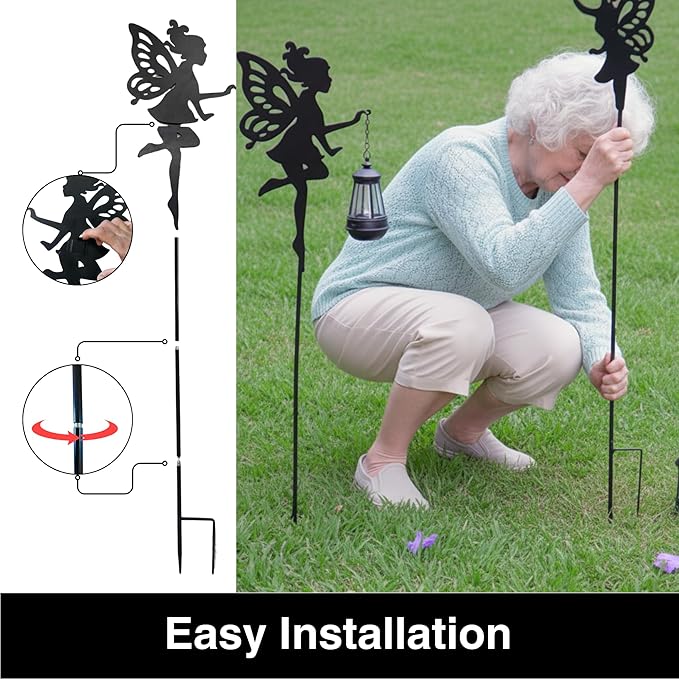 Solar Fairy Garden Accessories Outdoor 1 Pair - Metal Stakes Decorative Figurines Housewarming Ornament for Patio Lawn Yard Pathway - Unique Gift Ideas for Gardening Mom Grandma (Warm Lighting)