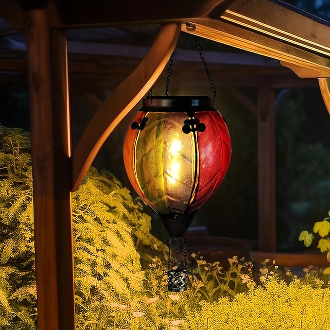 Glass Solar Hot Air Balloon Lantern with Flame Hanging Garden Flickering Light Outdoor Waterproof for Yard Patio Tree Mother's Day Gift Colorful