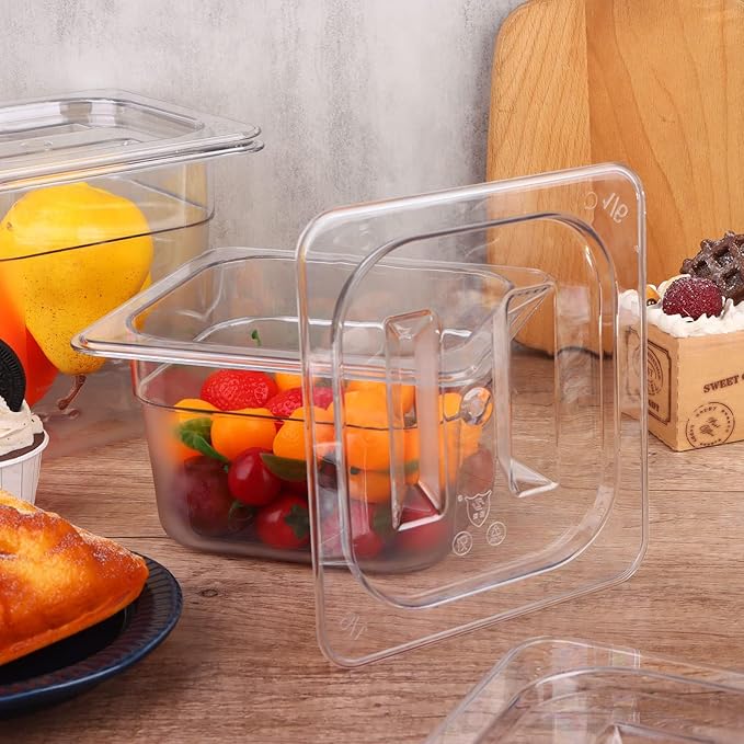 10 Pack 1/6 Size Clear Food Pan Lids Polycarbonate Universal Handled Food Pan Lid Plastic Pans Lid with Handle Restaurant Commercial Hotel Pans Cover 6.9 x 6.3 Inch for Fruits Vegetables