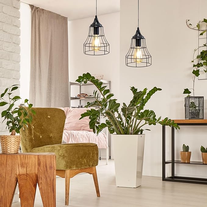 JHY DESIGN Hanging Lamp Set of 2 Battery Powered Decorative Pendant Lamp Metal Cage Battery Lamp with 6 Hours Timer for Bar Bedroom Garden Parties Patio Indoor Outdoor Living Room(Geometry)