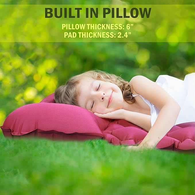 Kids Sleeping Pad for Camping and Sleepovers with Pillow Inflatable Camping Mattress for Backpacking &amp Travel Thick Toddler Cot Mat Fast Inflating Camping Sleeping Pads for Kids
