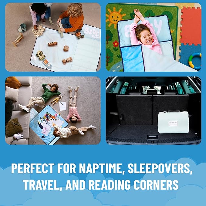 Jay Franco Kids Nap Mat with Embedded Pillow &amp Blanket – Soft 46x20 Microfiber Sleeping Bag with Name Tag &amp Handle for School Travel Sleepover Blue - Bluey