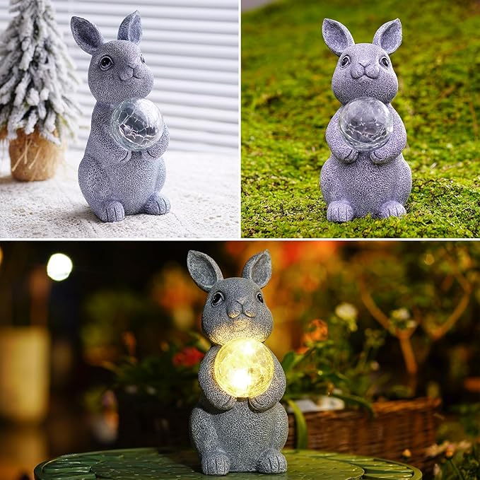 Solar Garden Outdoor Statues Bunny with Gazing Ball - Outdoor Decor Garden Rabbit Statue for Patio Balcony Yard Lawn Ornament - Unique Housewarming Gifts