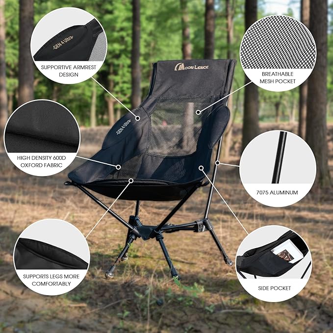 MOON LENCE High Back Folding Camping Chair 330lbs Portable Compact Chair with Wide Seat &amp Ergonomic Back Support (Khaki)