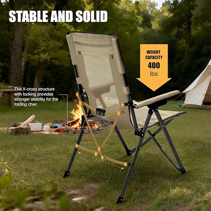 Oversized Hard Armrest Reclining High Back Camping Chair with Adjustable Backrest for Camping Sports Event Backyard Fishing Beach Tailgating