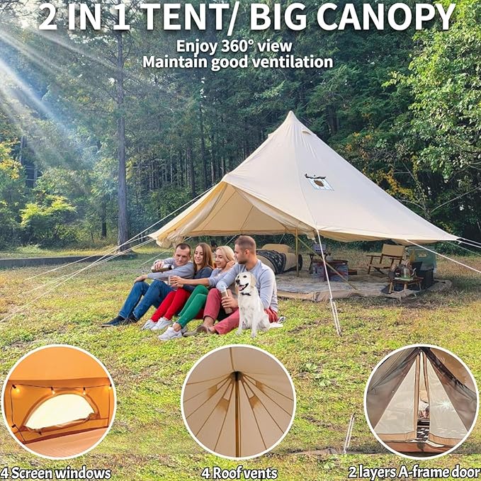 DANCHEL OUTDOOR B5PRO 4 Season Canvas Tent with Stove Jack Camping Waterproof Bell Tent with AC Port Yurt All Year Living Luxury Glamping for 4/6/8 Person Hunting Party 13ft/16.4ft/20ft