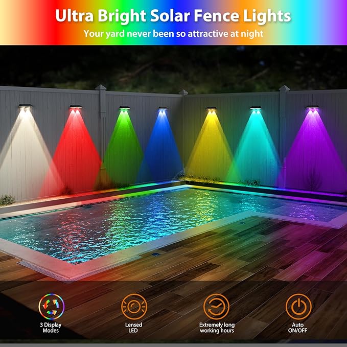 Solar Fence Lights RGB &amp Warm White &amp 6 Colors Bright Lens LED Dusk to Dawn Deck Light Fence Solar Lights Outdoor Waterproof Solar Outdoor Lights for Backyard/Railing/Wall/Step/Patio/Pool (