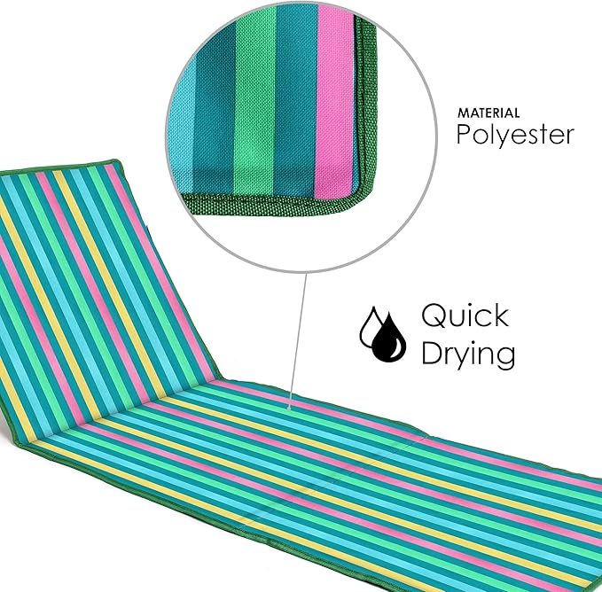 just be... Beach Sun Mat Folding Lightweight Portable Adjustable Sunbathing Recliner with Backrest Support and Valuables Pocket for Holidays Garden Camping Park Festivals - Dark Multicolour Stripes