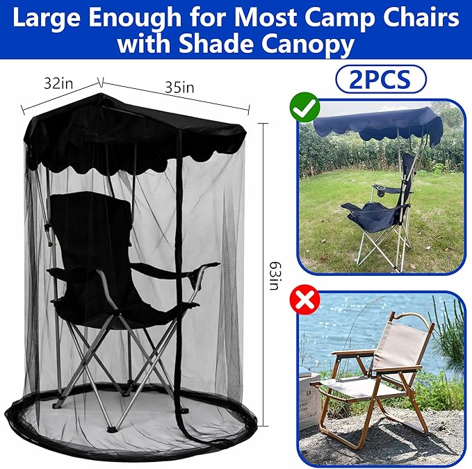 2 Pcs Canopy Chair Mosquito Net Mosquito Mesh Chair Net with Waterproof Roof and Zipper OpeningMosquito Net Chairs Cover for Outdoor Hiking Hunting Fishing Camping Excluding Chairs