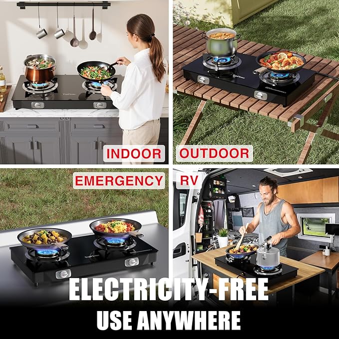 2 Burner Propane Stove 27200 BTU High-Efficiency Tempered Glass Auto-Ignition Gas Burner Stove Top with CSA Hose for Outdoor RV Camping Emergency Cooking